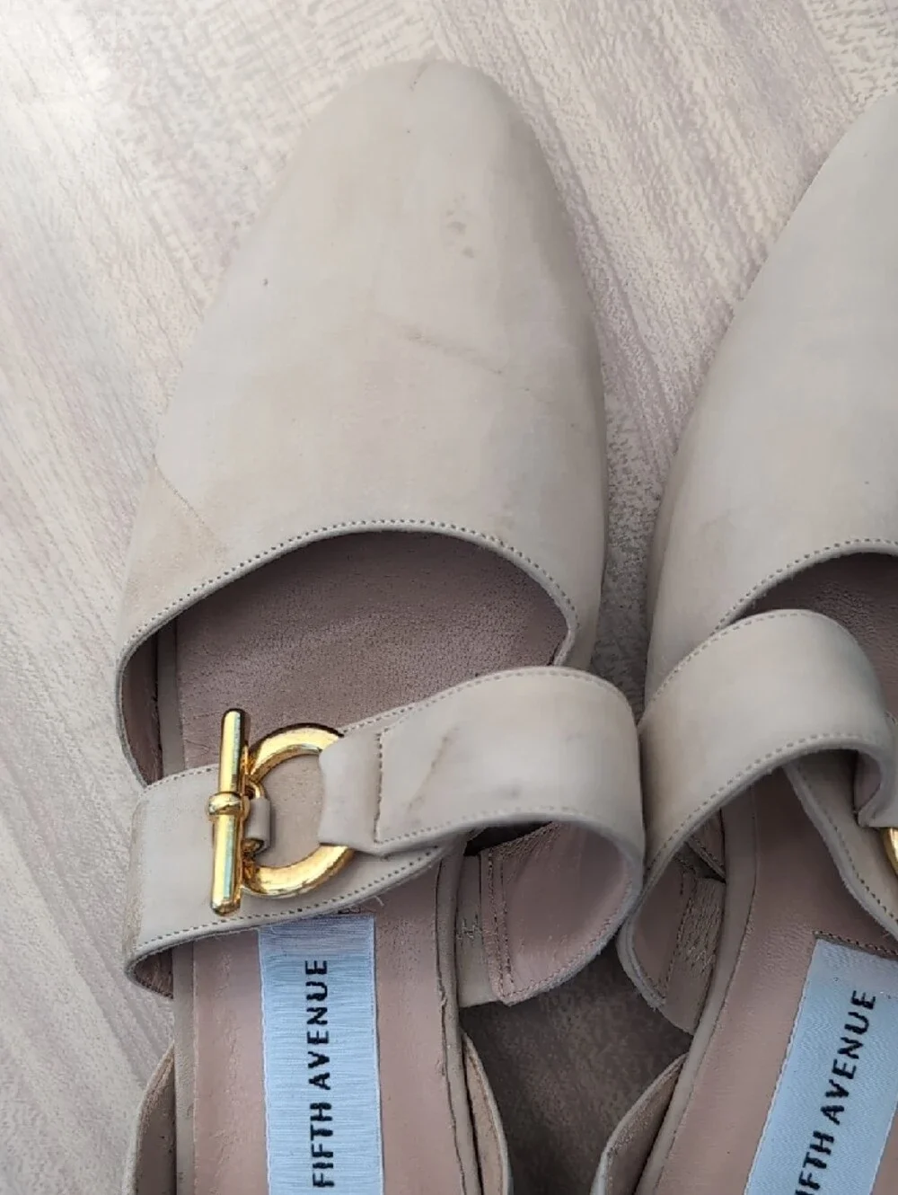 Saks Fifth Avenue Taupe Leather Pointed Flats with Gold Buckle